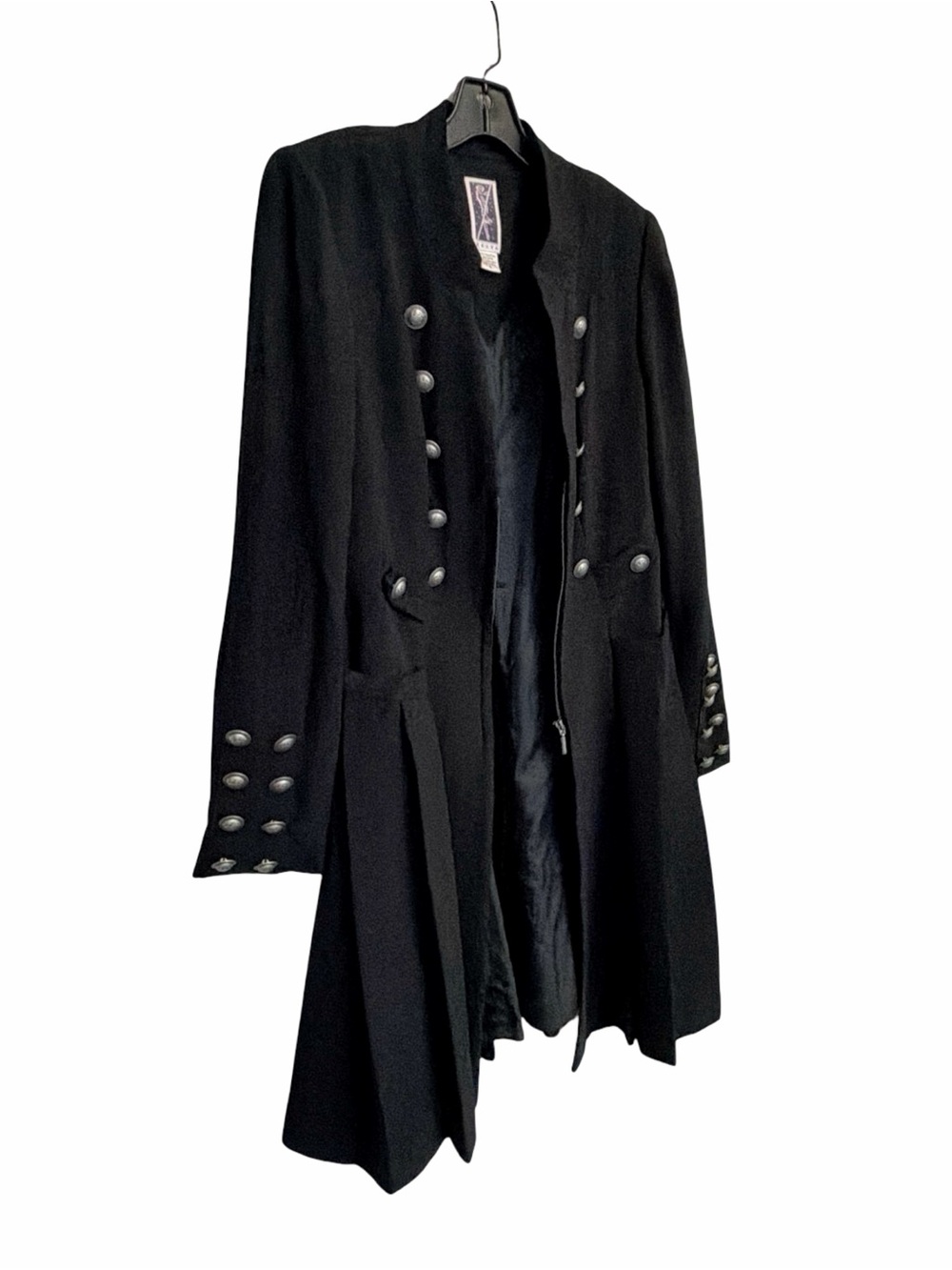 Zelda Women’s Military-Chic Long Coat | Black w/ Silver-Tone Buttons | Size 6 - Picture 2 of 12